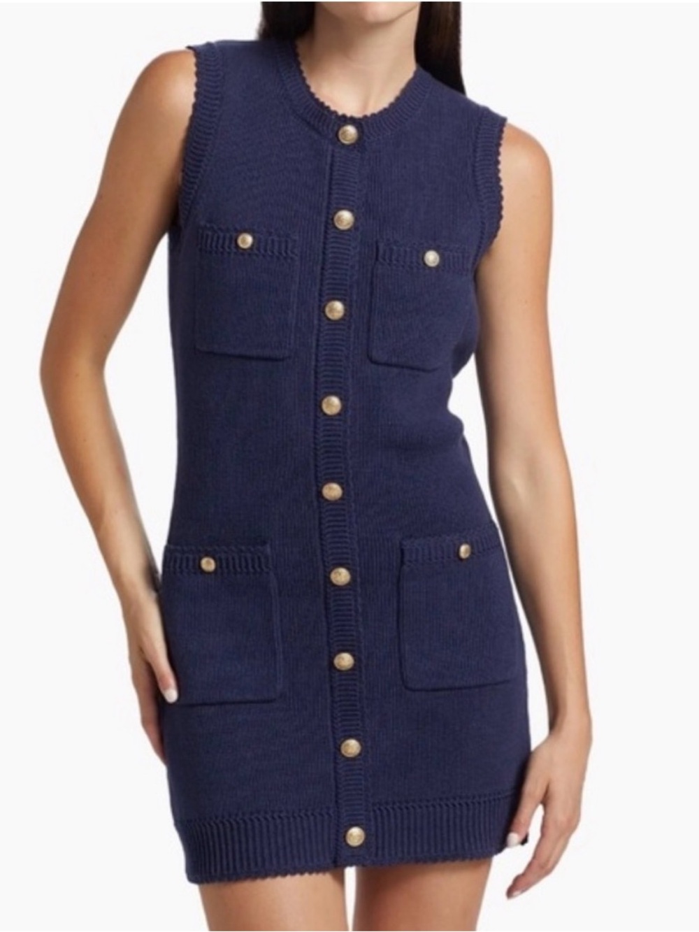 Revolve Caroline Constas Navy Sleeveless Knit Dress with Gold Buttons